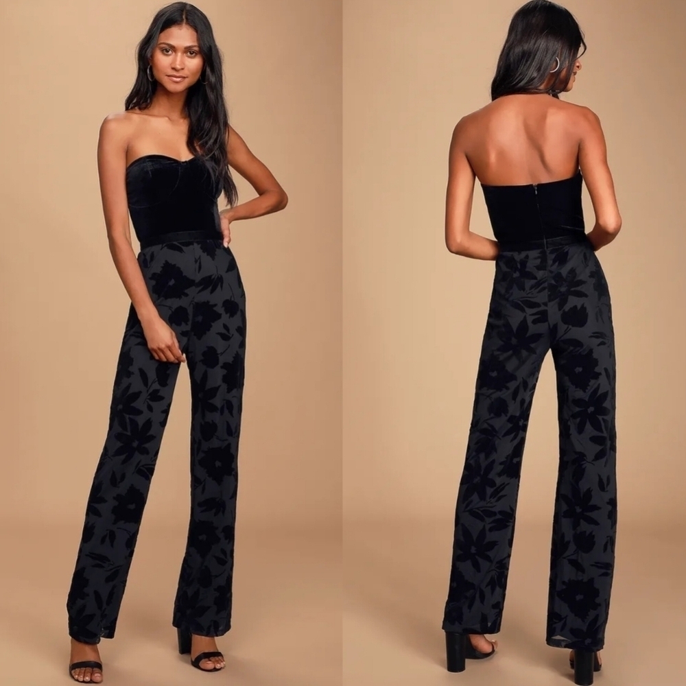 Lulus Love About It Black Velvet Strapless Jumpsuit M Wedding Party Prom